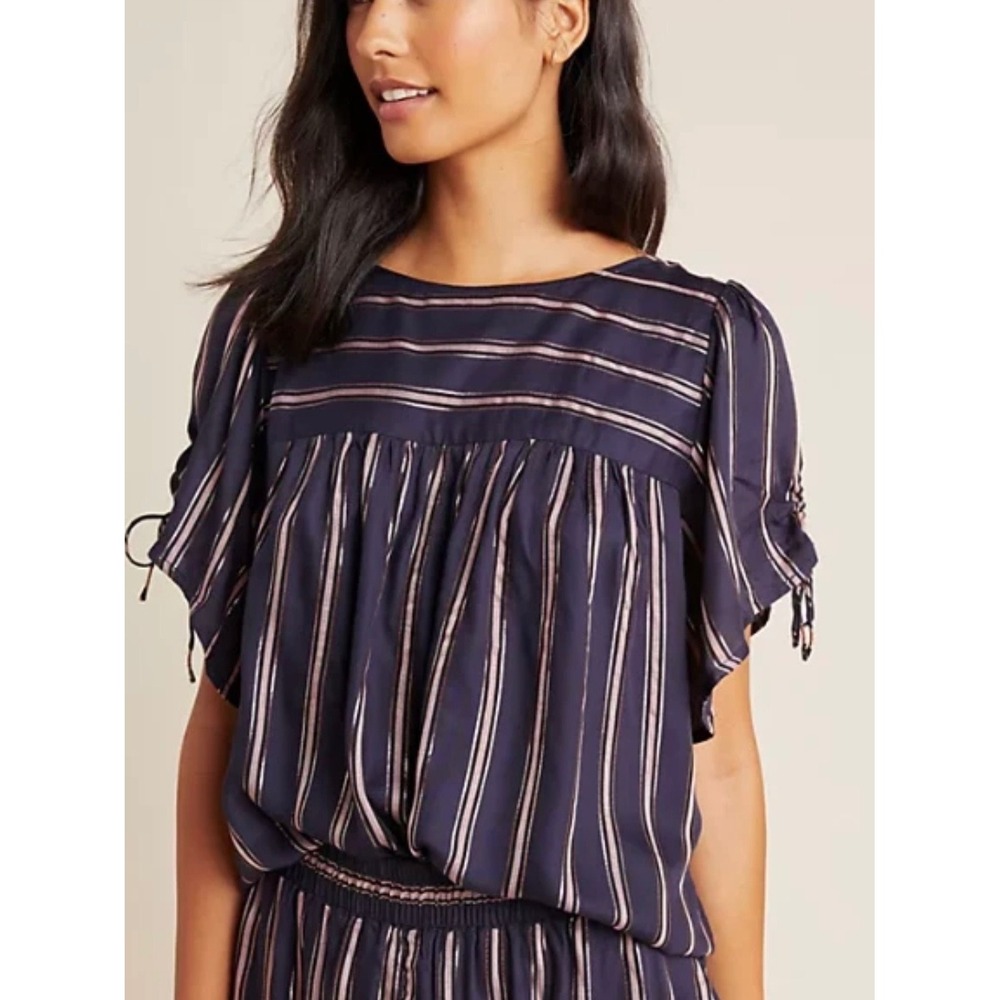 Anthropologie Cameron Navy Pink Metallic Striped Tie Sleeve Blouse Top M